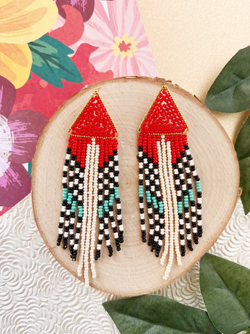 Long Beaded Ethnic Red Earrings